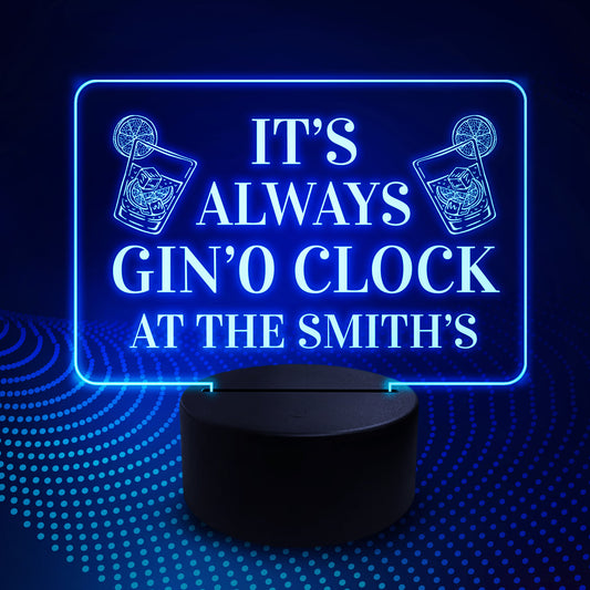 Personalised Gin Signs GIN O CLOCK Sign Gin And Tonic LED Plaque