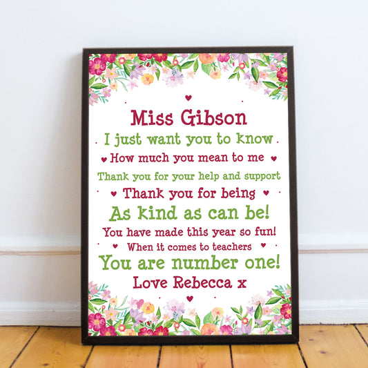 Personalised Teacher Framed Print Gift Leaving School Nursery