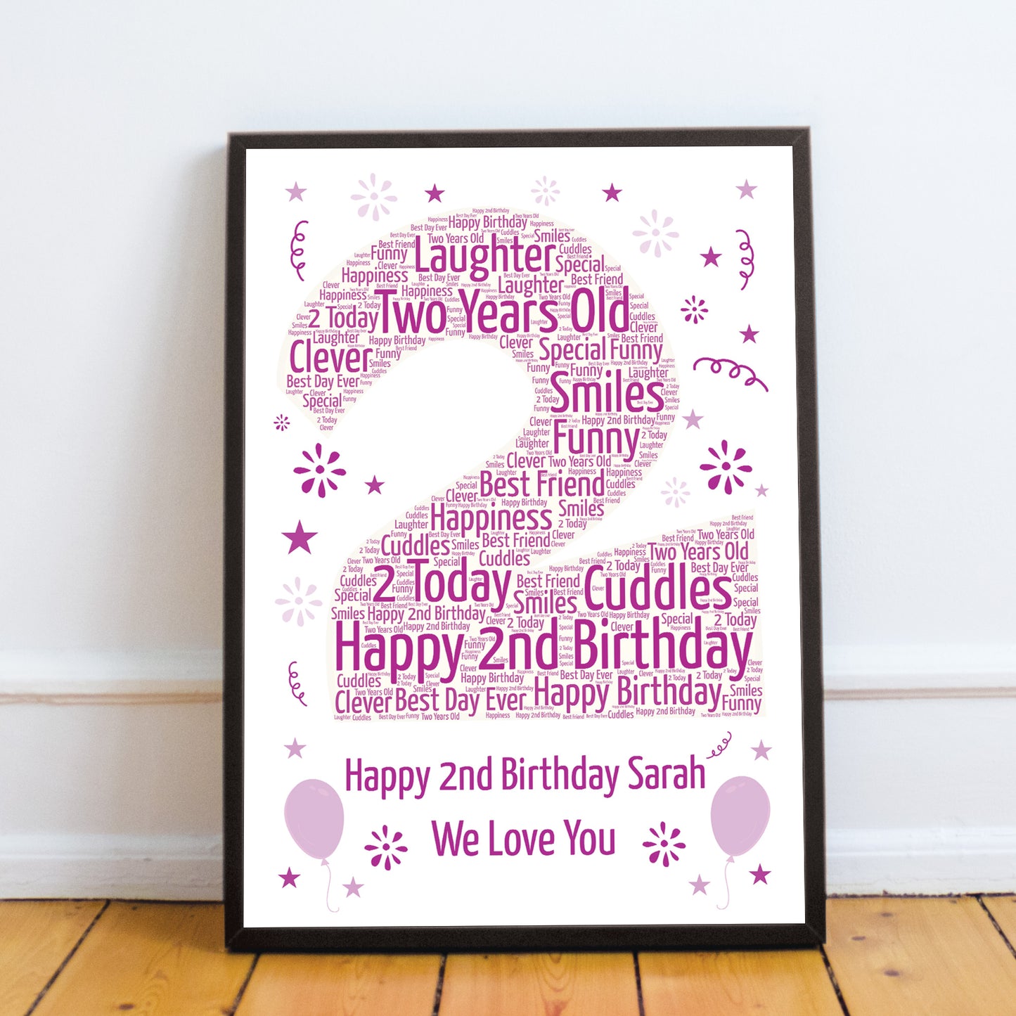 Personalised 2nd Birthday Gift Framed Word Art Print Baby Girl