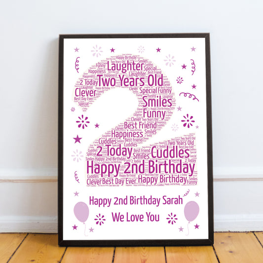 Personalised 2nd Birthday Gift Framed Word Art Print Baby Girl