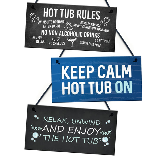 Hot Tub Plaques PACK OF 3 Hanging Signs For Garden Shed