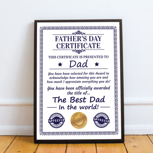 Framed Dad Certificate For Fathers Day Gift For Dad