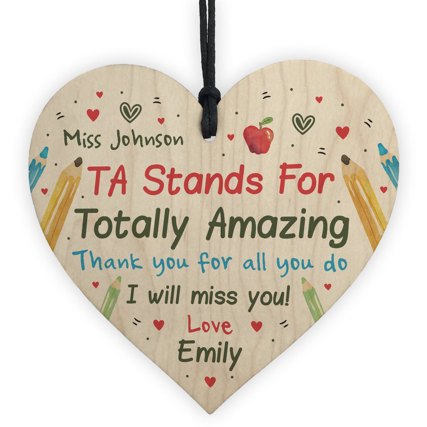 Personalised TA Assistant Gift Wood Heart Thank you Leaving Gift