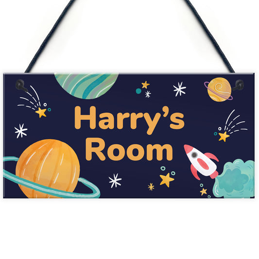 Personalised Bedroom Sign For Son Space Theme Wall Plaque