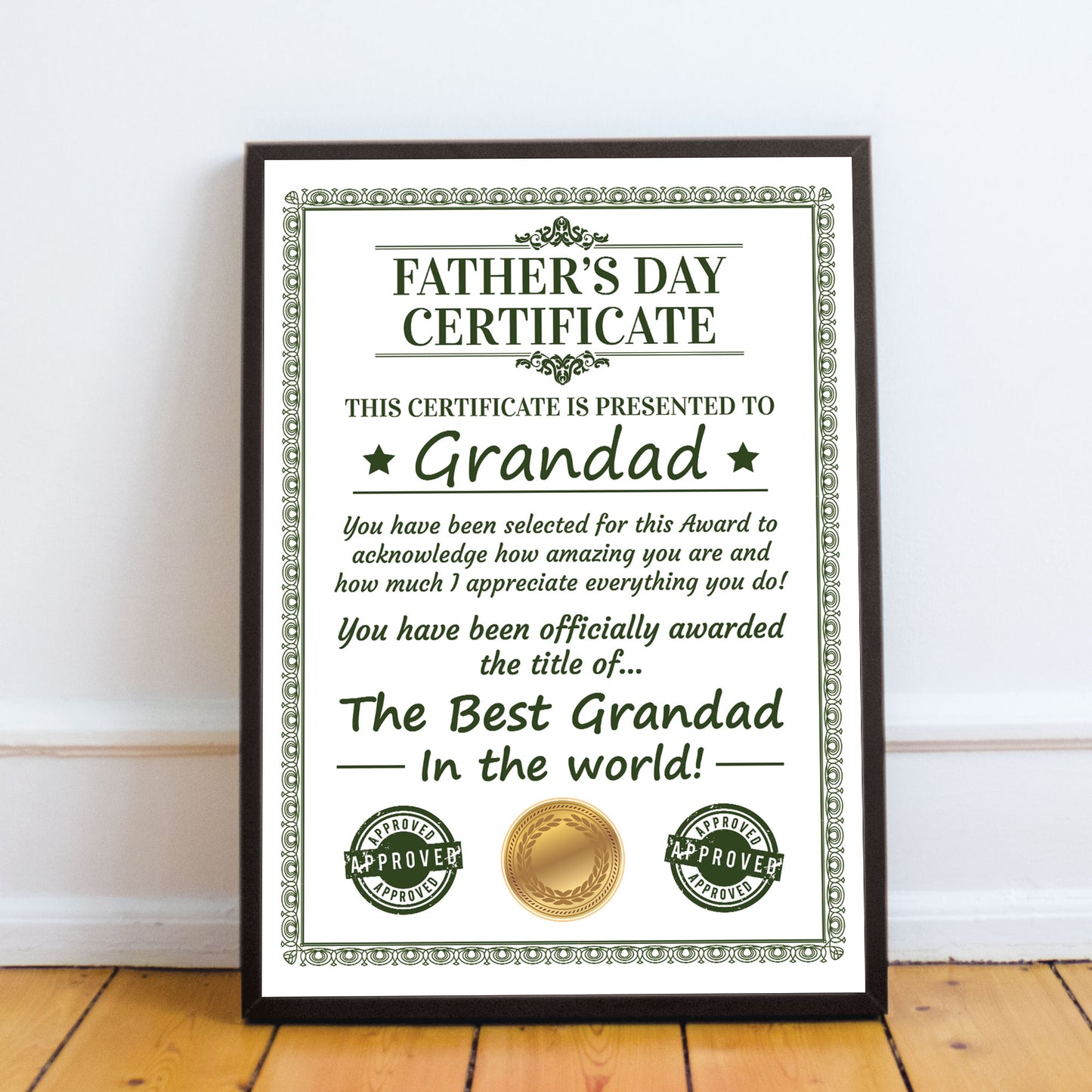 Framed Grandad Certificate For Fathers Day Gift For Grandad