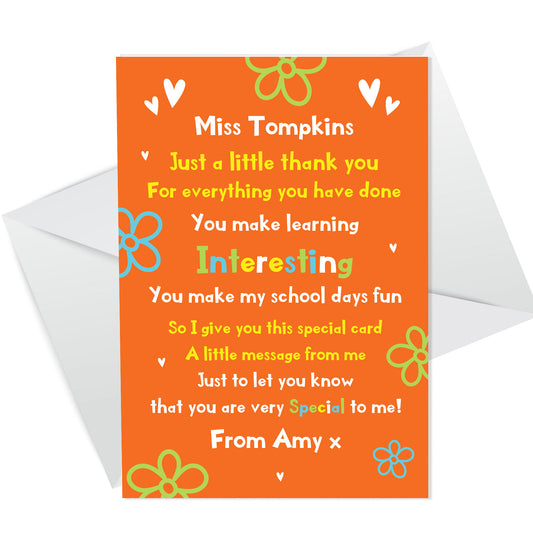 Personalised Teacher Thank You Card Teacher Card School Leavers