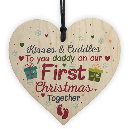 1st First Christmas DAD Gift Bauble Decoration Wooden Heart Sign