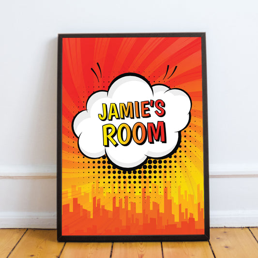 Personalised Superhero Wall Art Framed Picture Boys Bedroom Sign