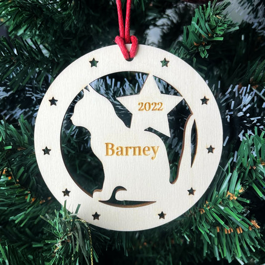 Personalised Cat Bauble Engraved Wooden Tree Decoration Pet Cat