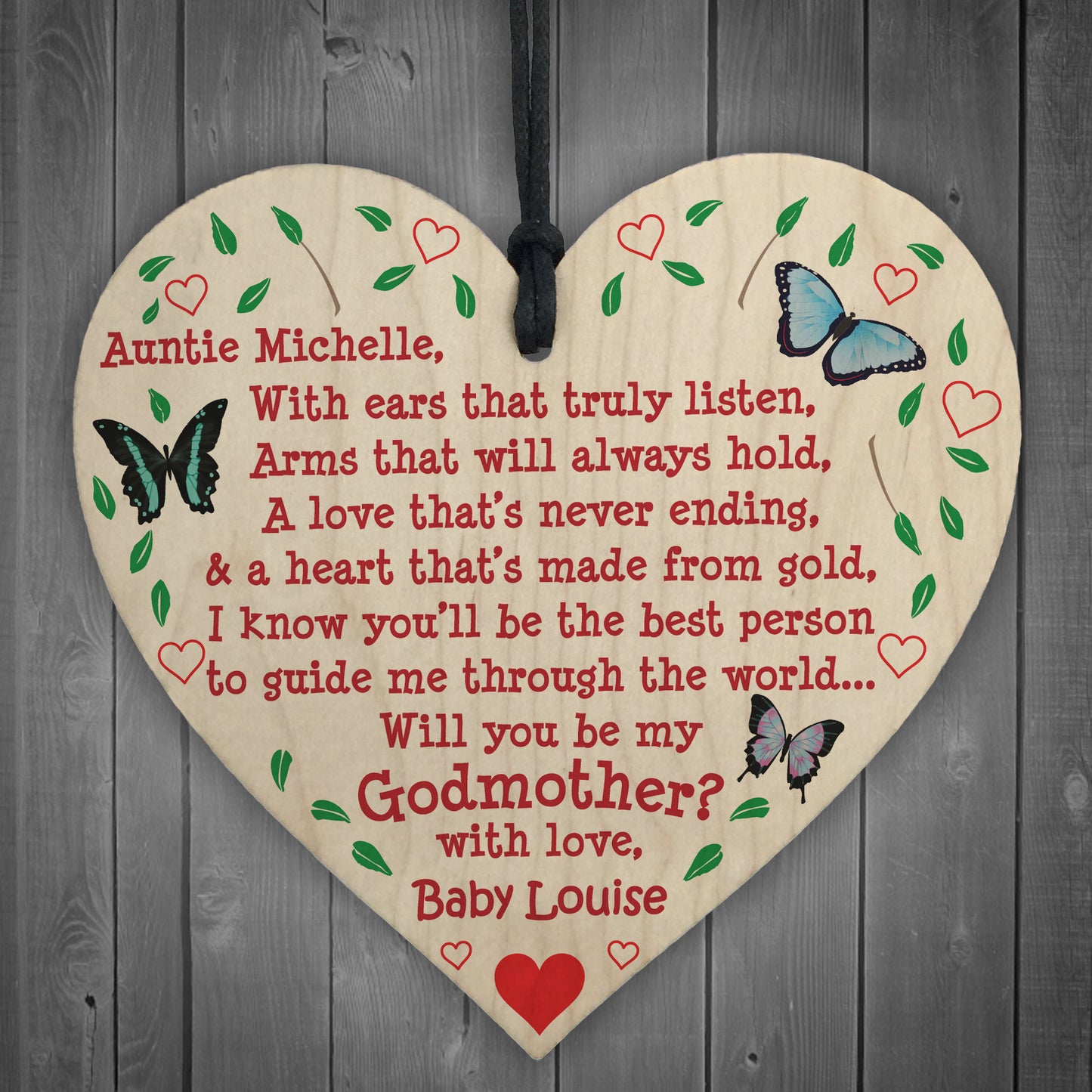 Will You Be My Godmother Personalised Wooden Hanging Heart Gift