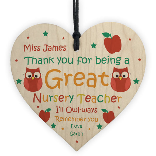 Thank You NURSERY Teacher Gift Heart Hanging Sign Personalised