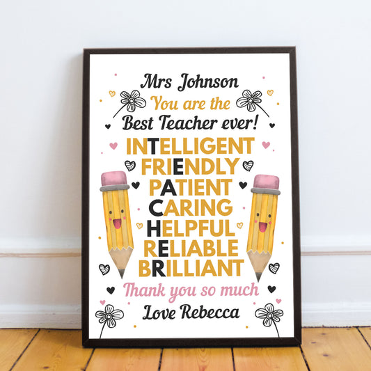 Teacher Thank you Personalised Gift Poster Framed Print