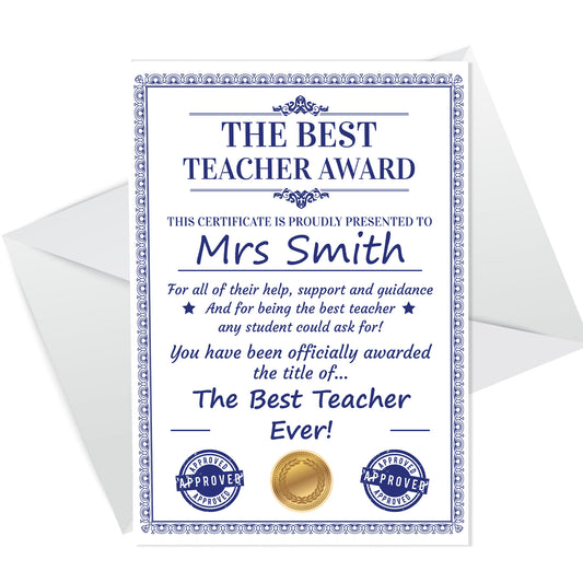 Teacher Cards From Children Personalised BEST TEACHER Card