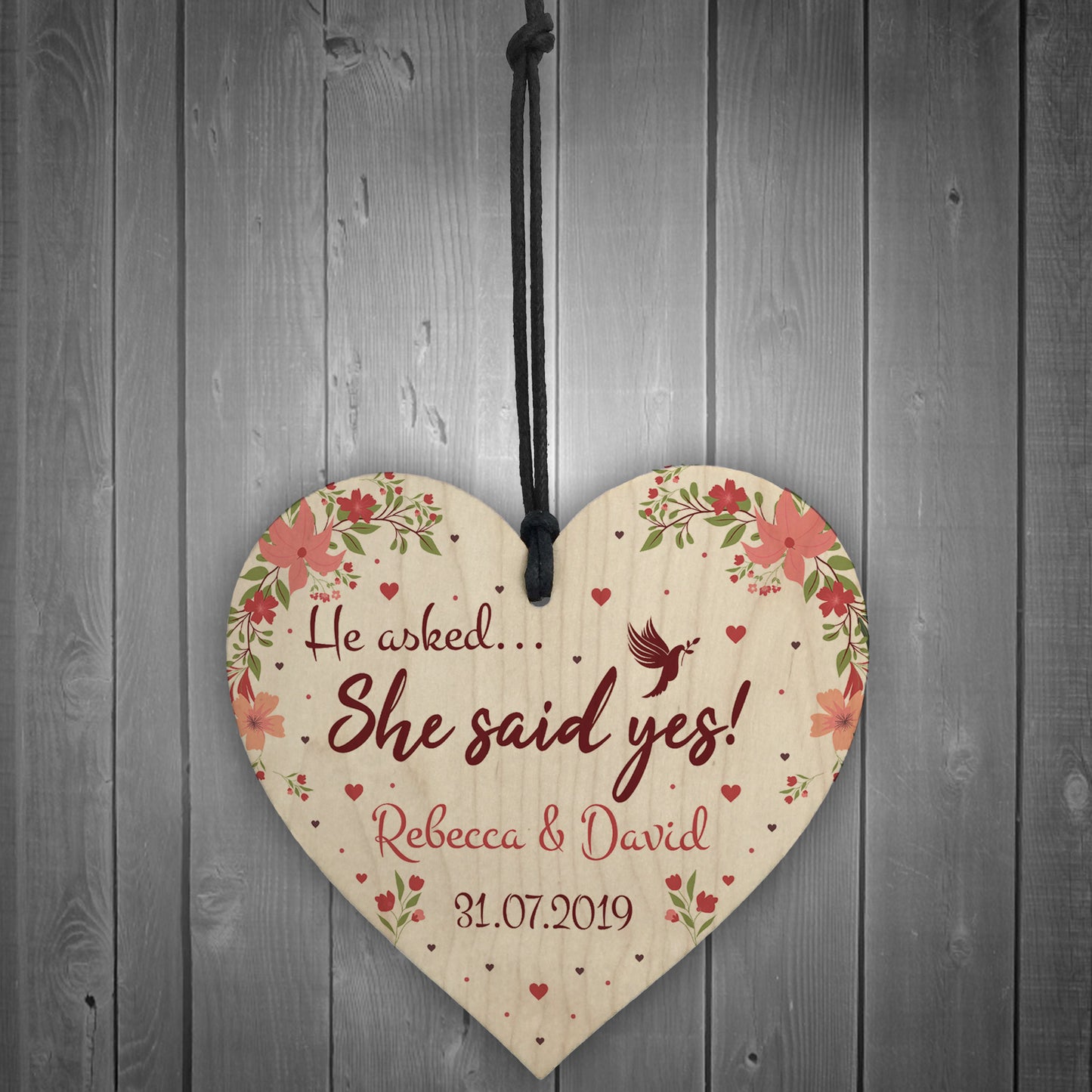 Personalised She Said Yes Wooden Heart Engagement Gift Unique