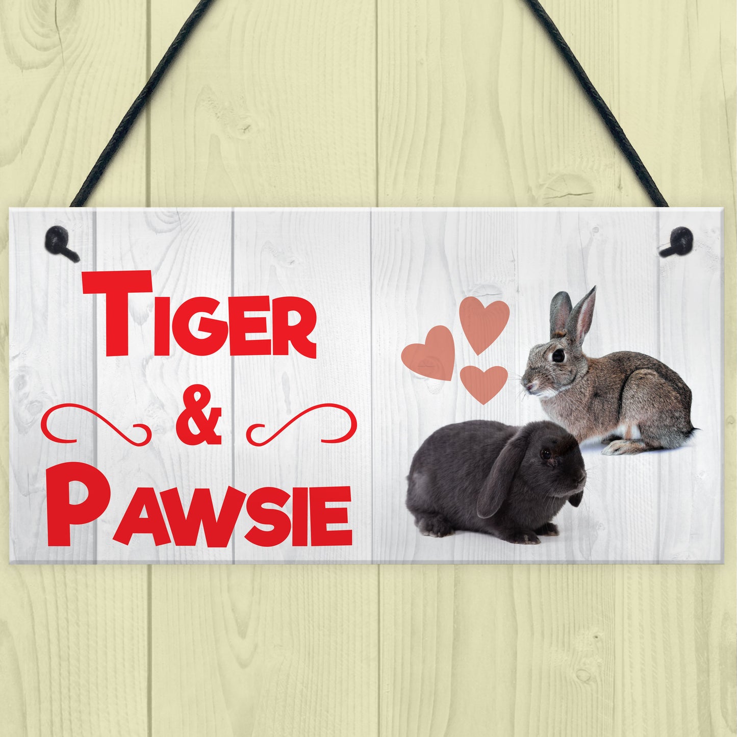 Personalised Two Rabbit Names Hanging Hutch Run Garden Cage Sign