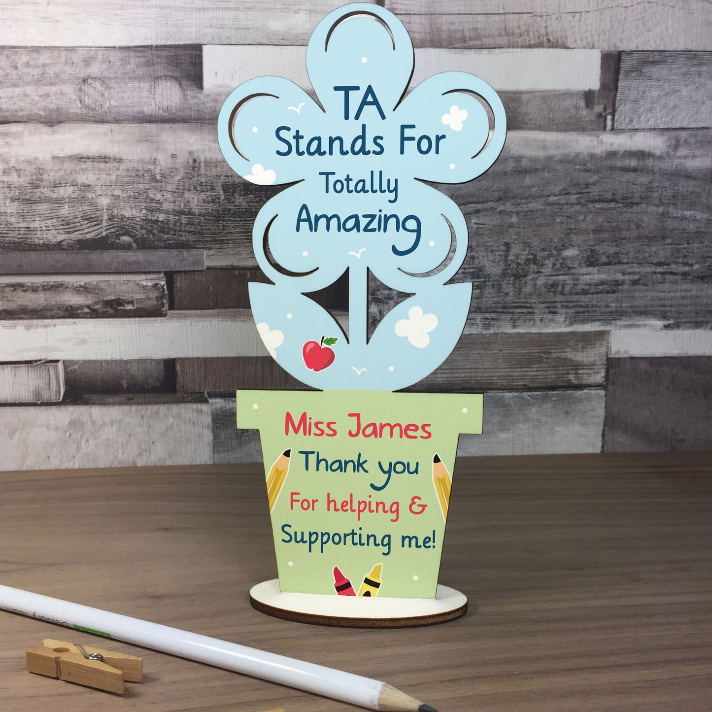 Personalised Teaching Assistant Gift Wood Flower School Nursery