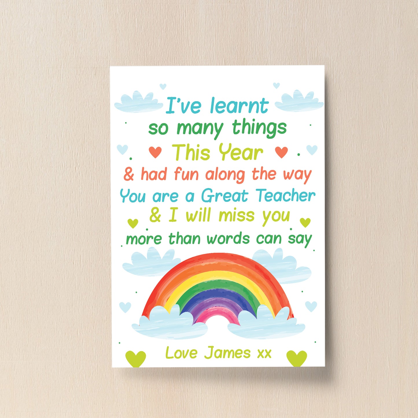 Nursery Pre School Teacher Personalised Rainbow Print Leaving