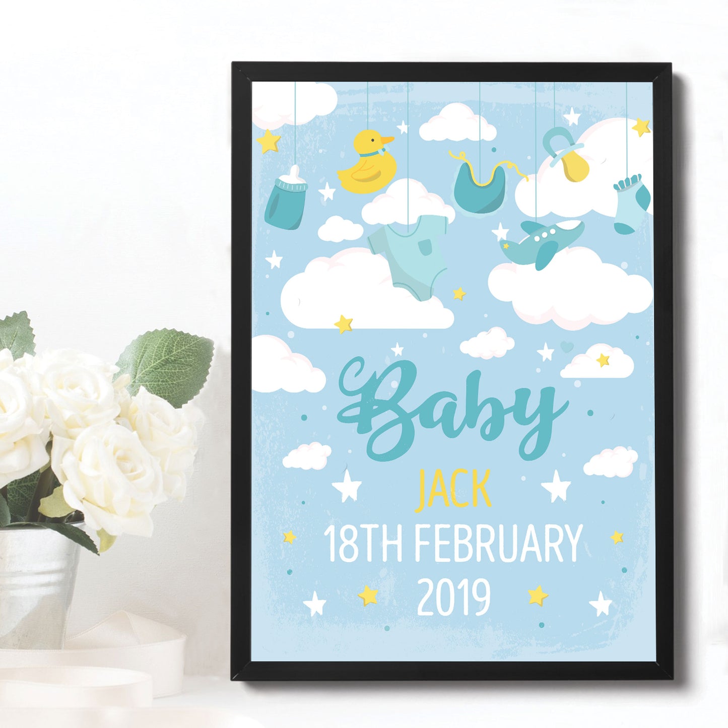 FRAMED Birth Details Print PERSONALISED Baby Boy Gift Wall Art