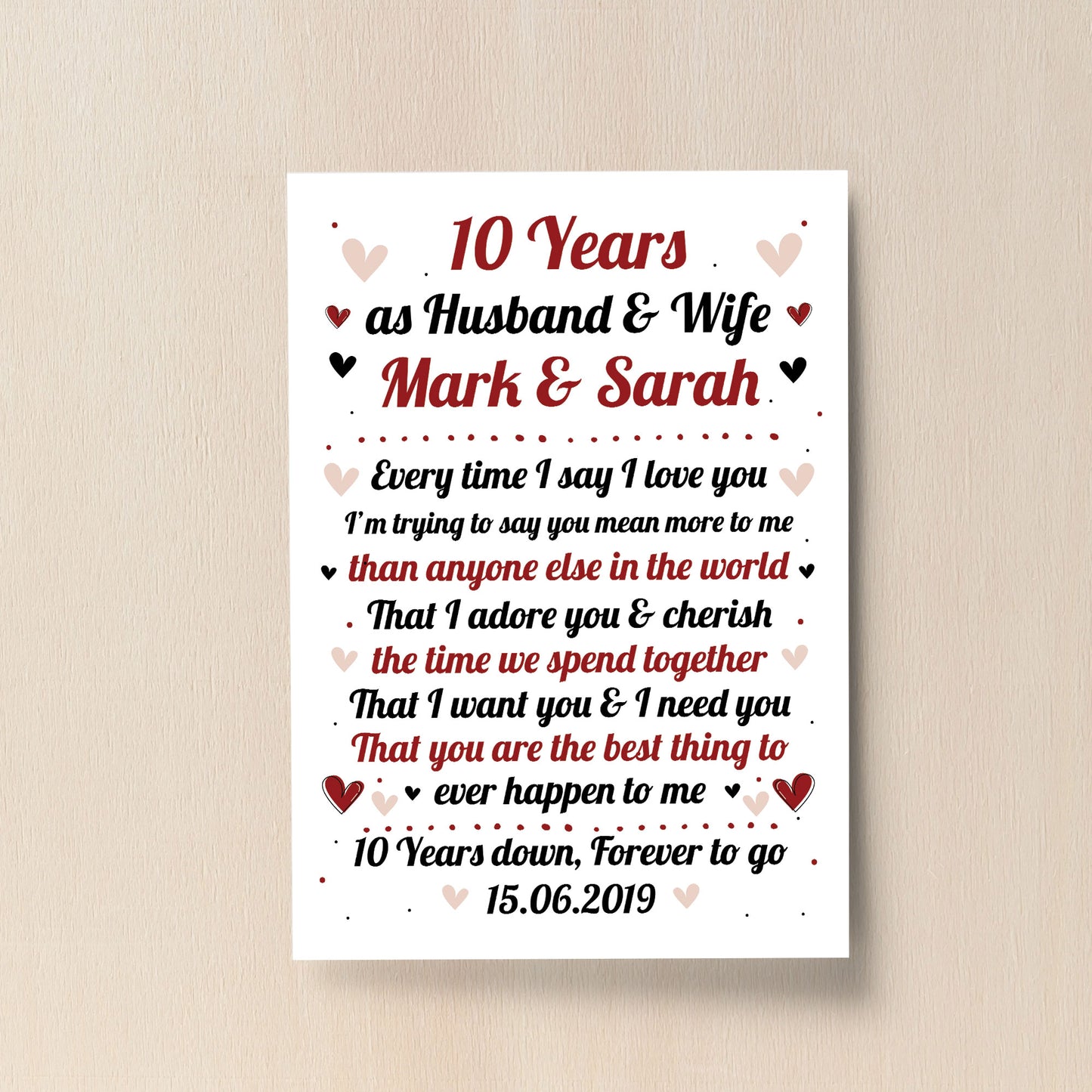 10th Wedding Anniversary Gift For Husband or Wife Print Keepsake