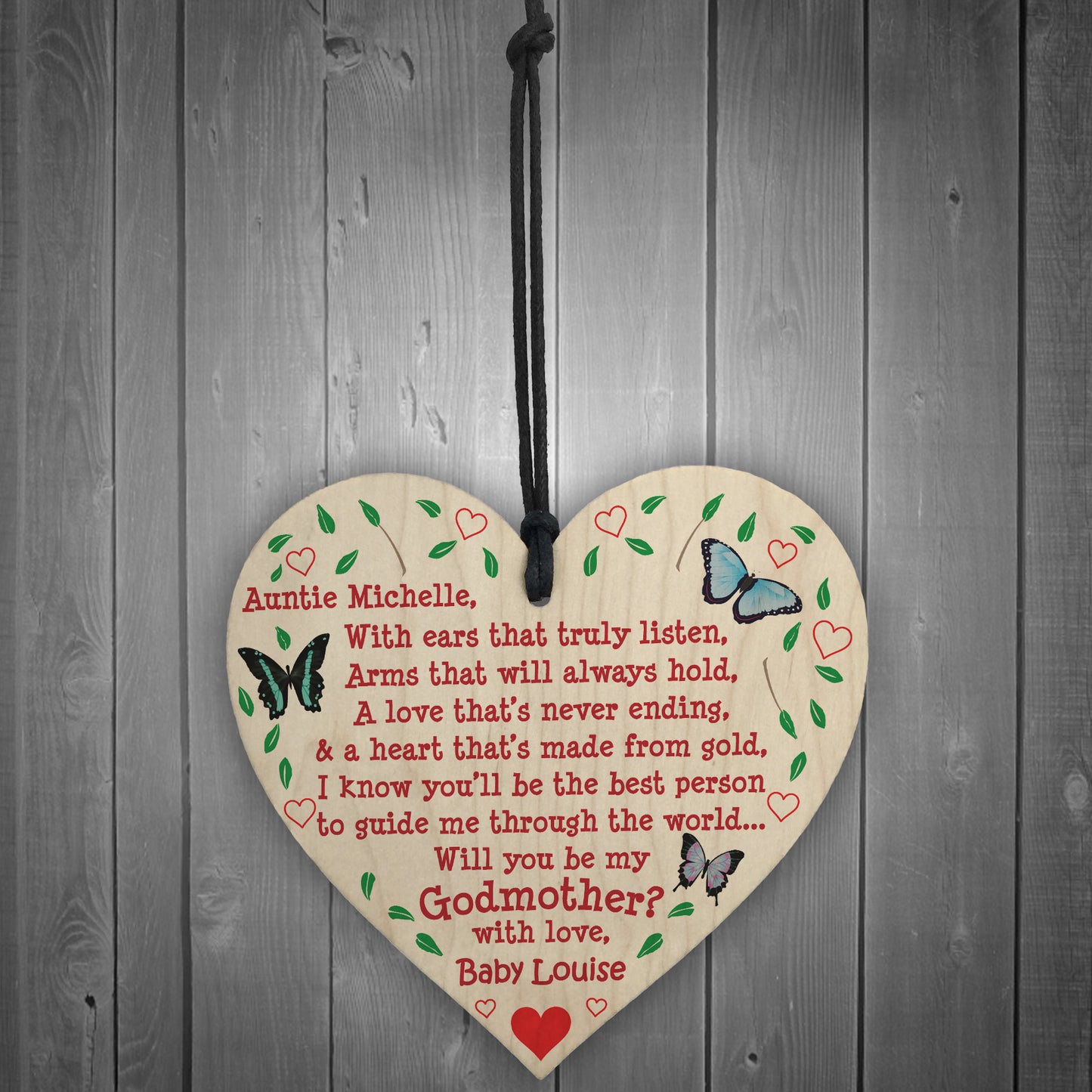 Will You Be My Godmother Personalised Wooden Hanging Heart Gift