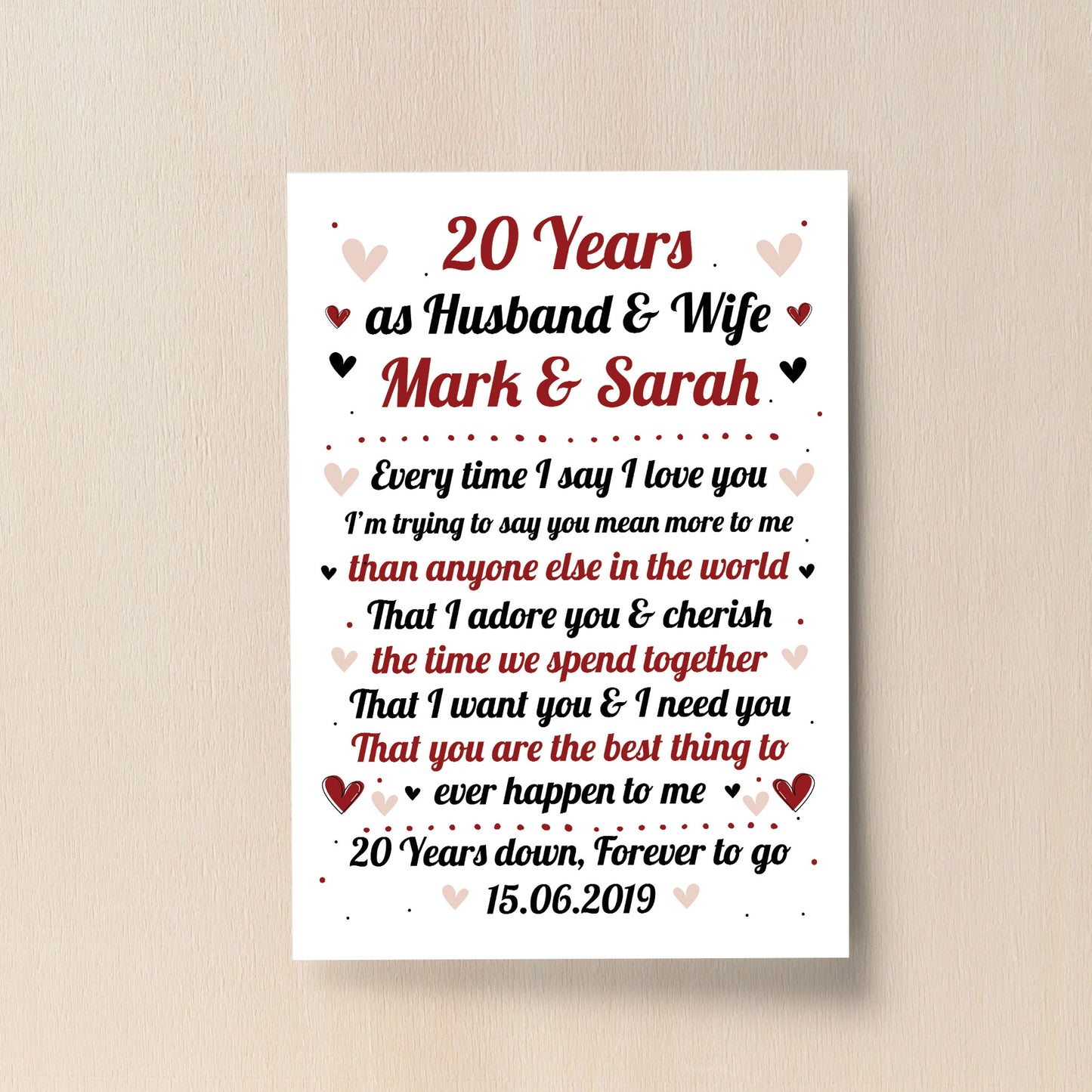 20th Wedding Anniversary Gift For Husband or Wife Print Keepsake