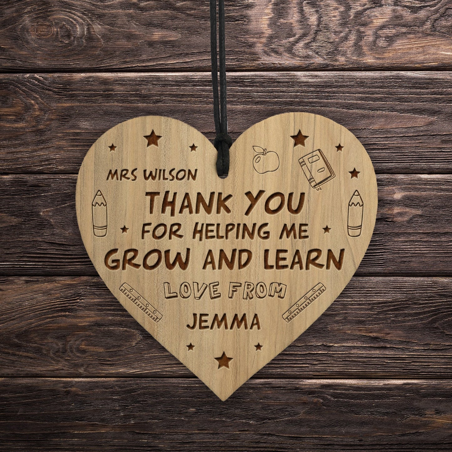 Thank You Teacher Gifts Wood Engraved Heart Personalised Gift