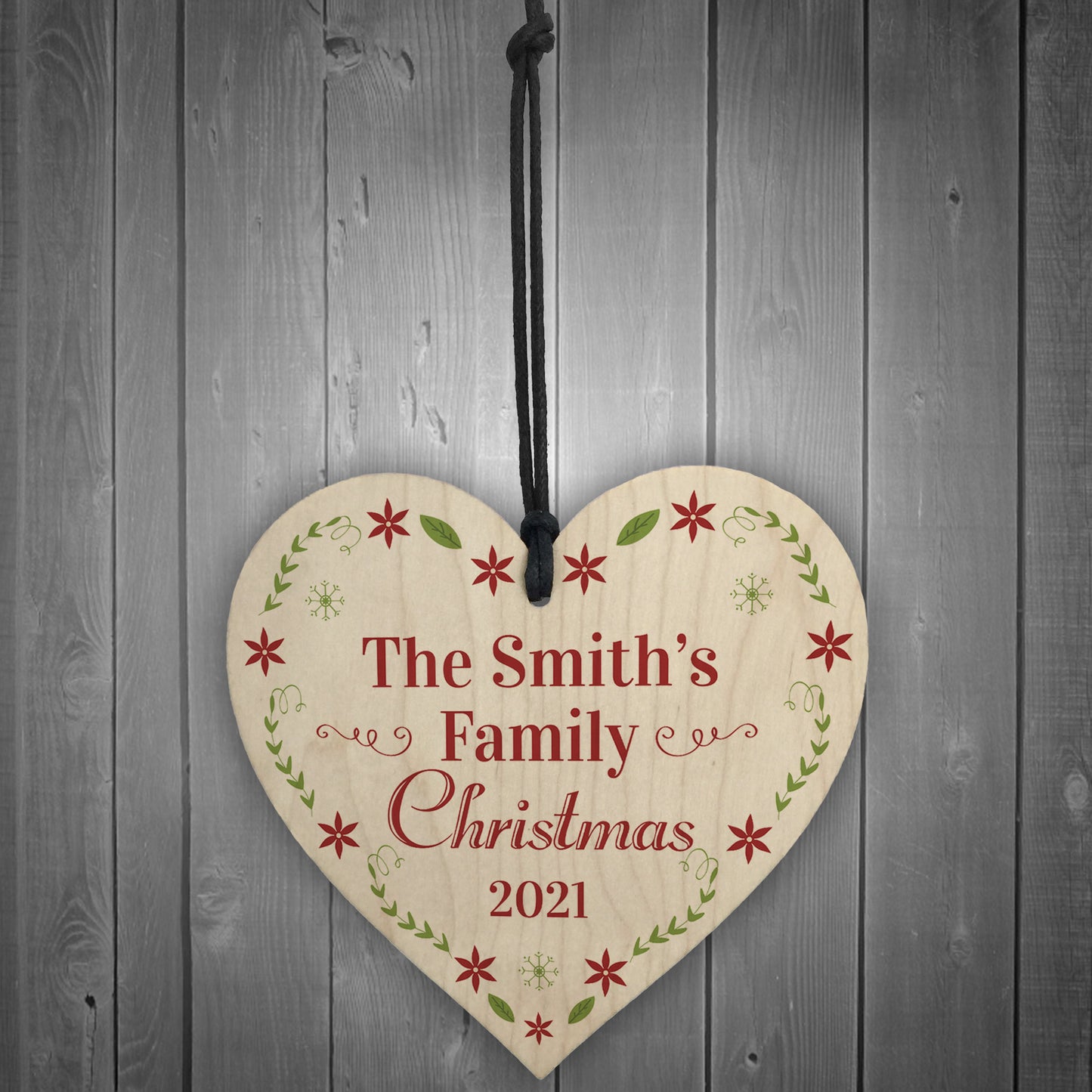 Family Tree Decoration Wood Heart SURNAME Personalised Bauble