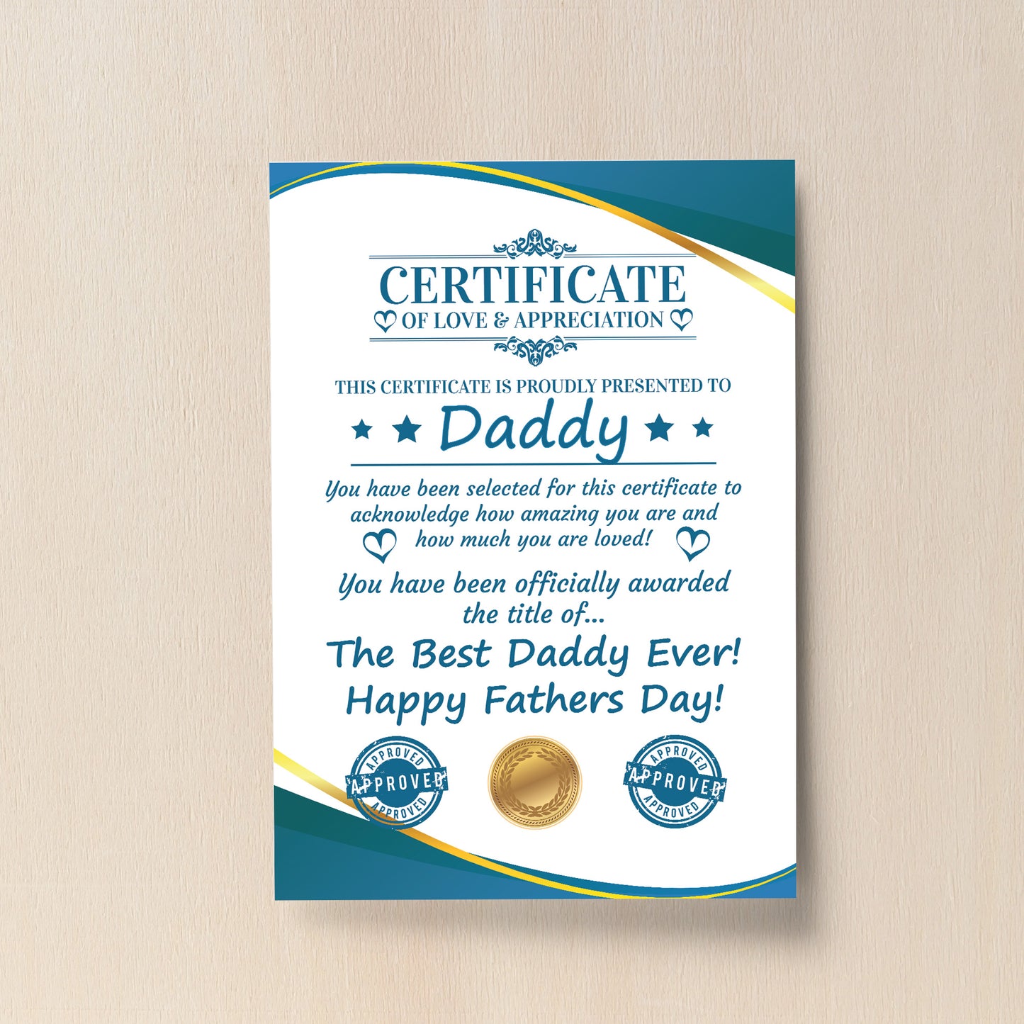 Fathers Day Gift For Daddy CERTIFICATE Best Daddy Thank You