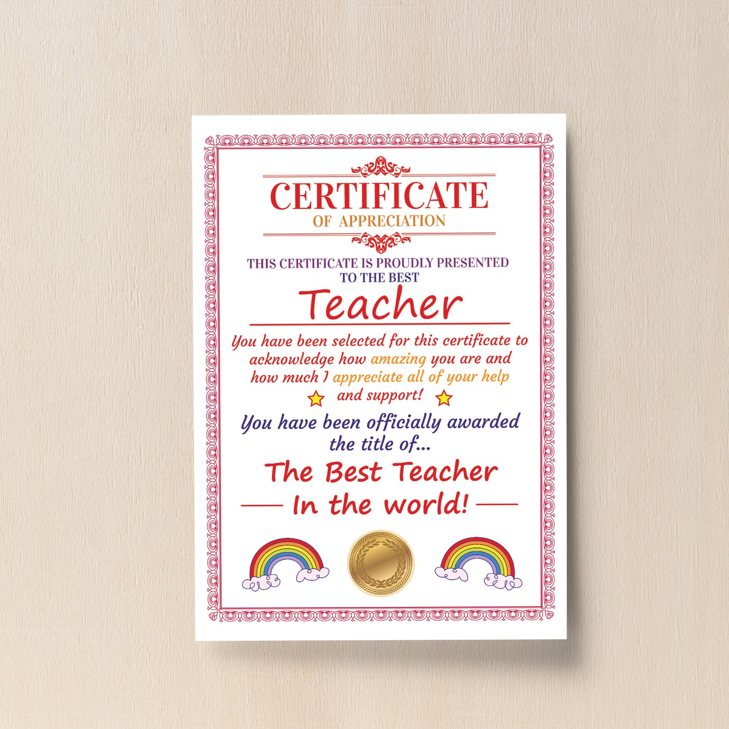 Teacher Gifts Thank You Gift For Him Her A4 Certificate Leaving