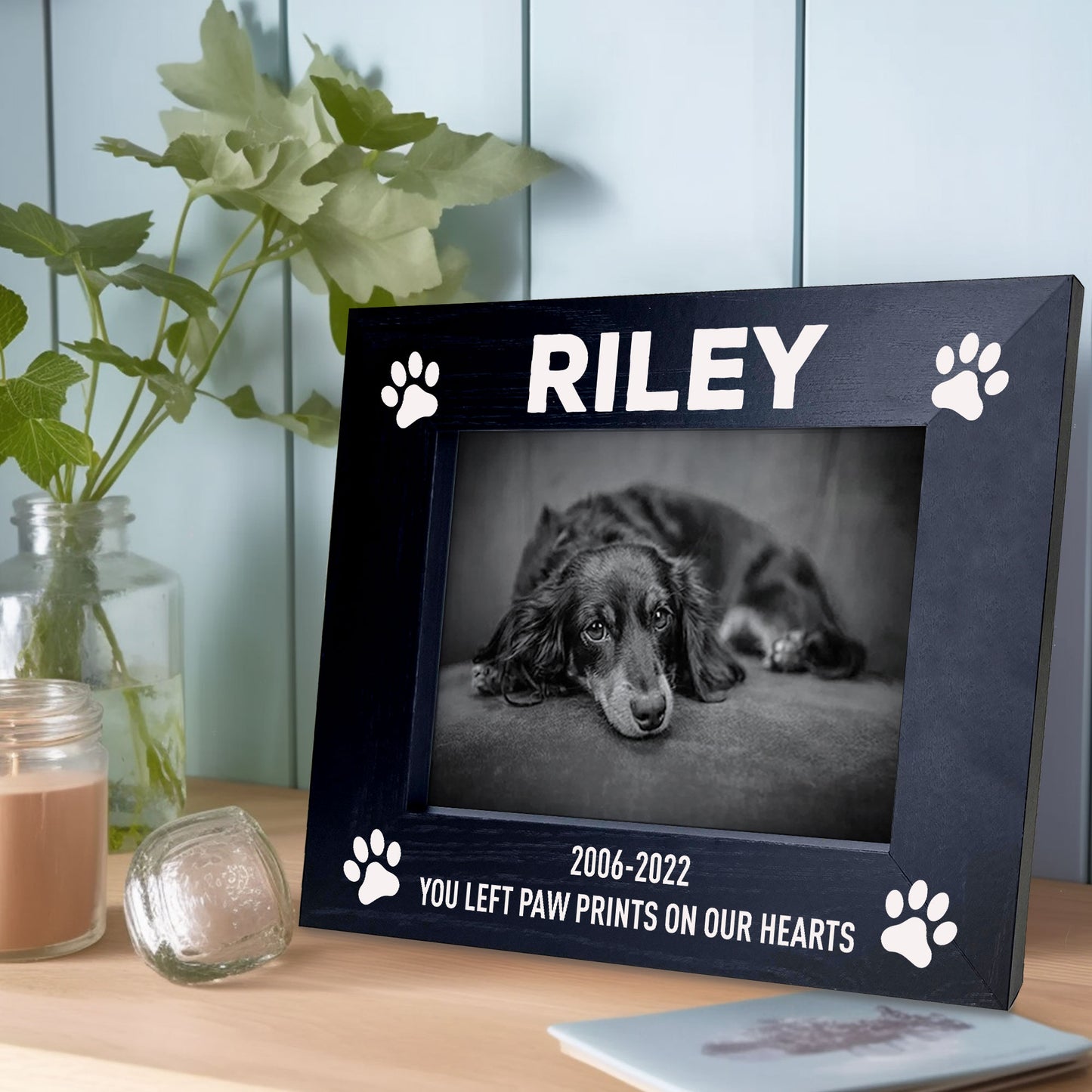 Personalised Pet Photo Frame Black Wood Gift Dog Puppy Memorial