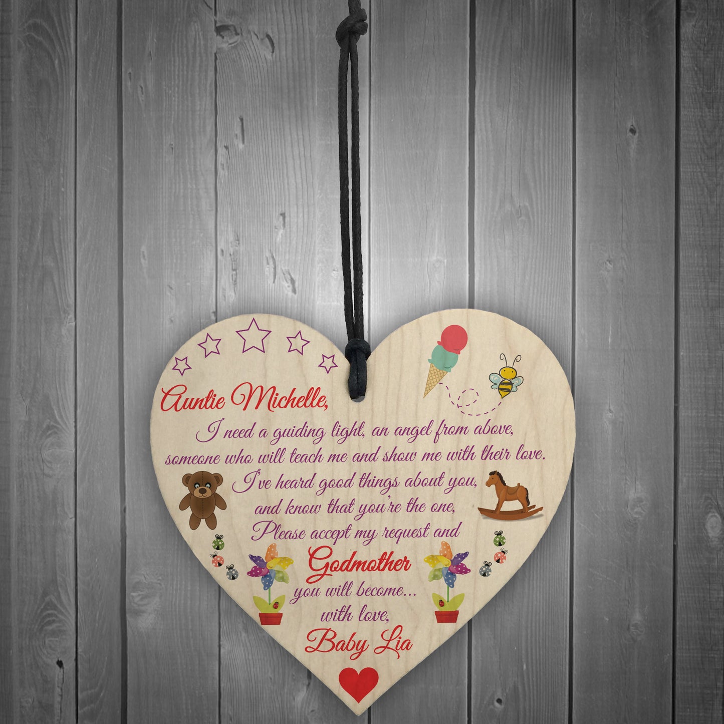 Personalised Godmother You Will Become Poem Hanging Heart Sign