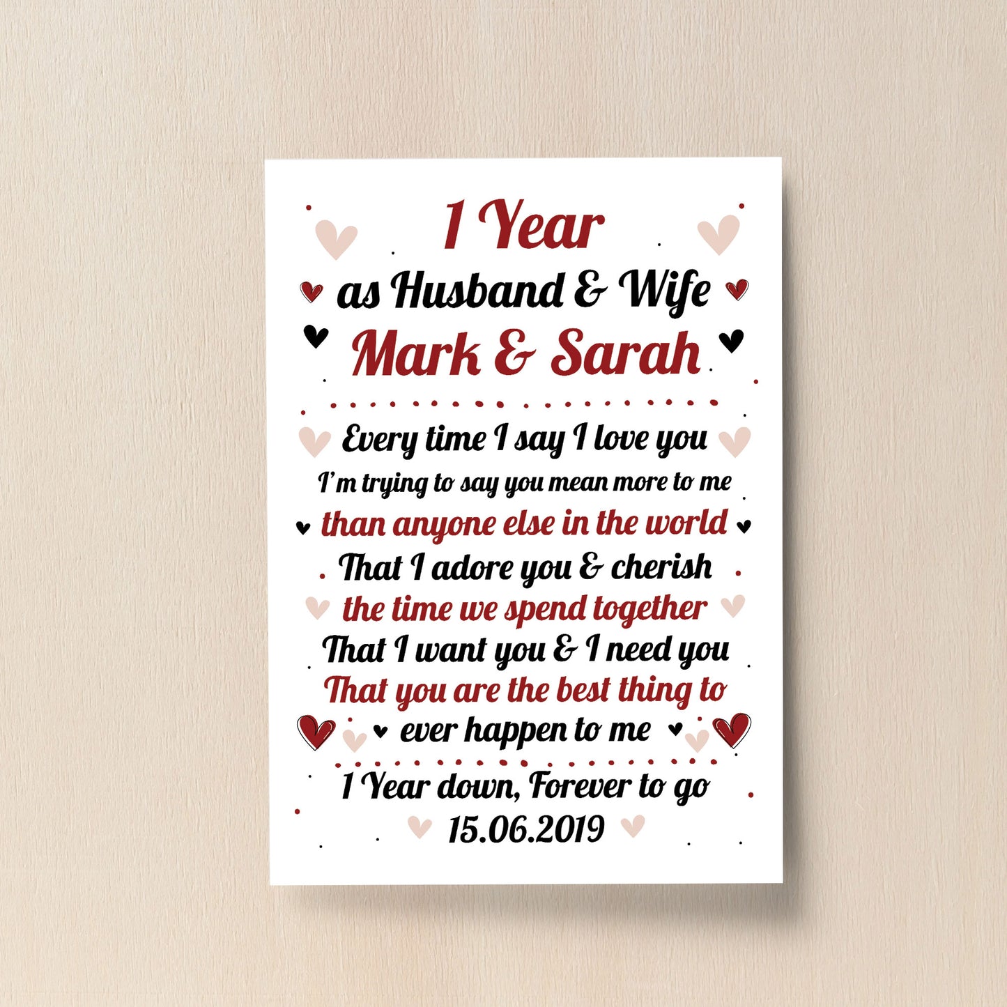 1st Wedding Anniversary Gift For Husband or Wife Print Keepsake