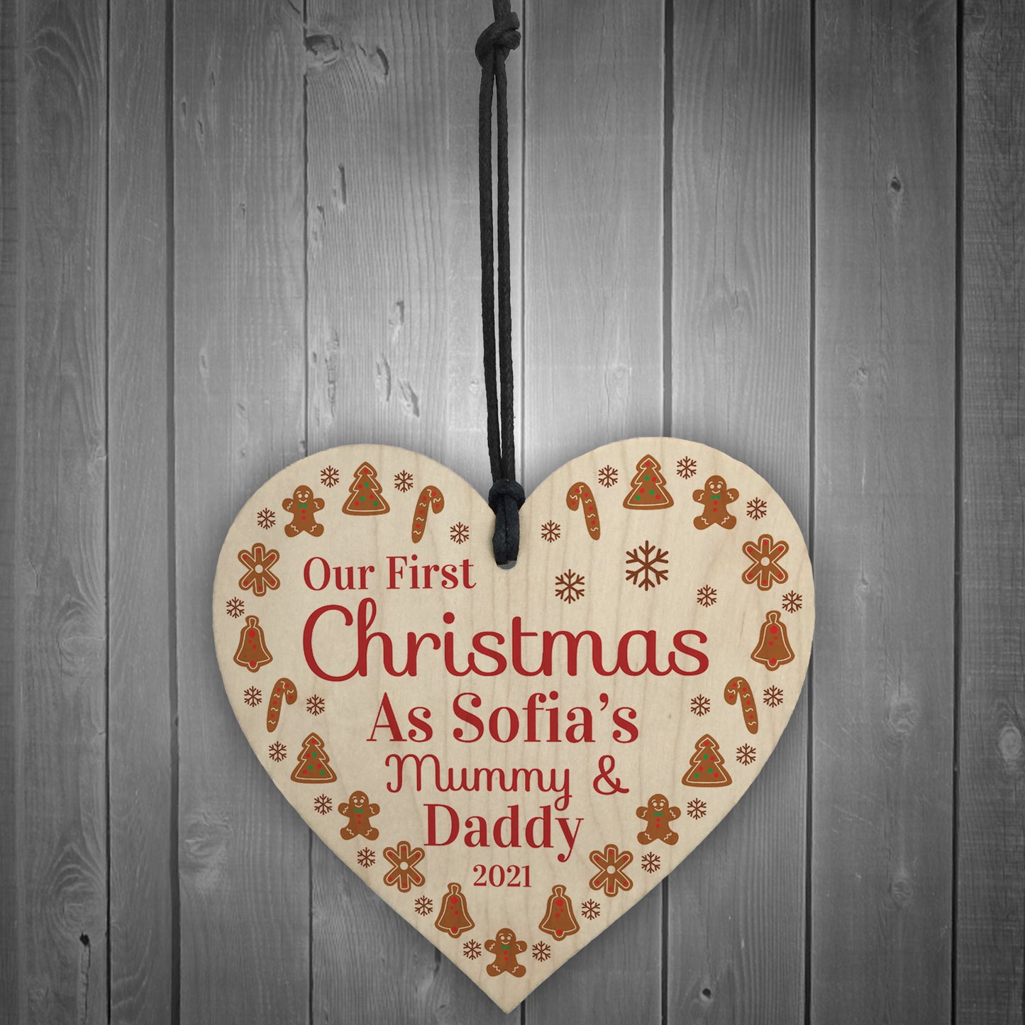 1st Christmas As Mummy And Daddy Baby Wooden Heart Personalised