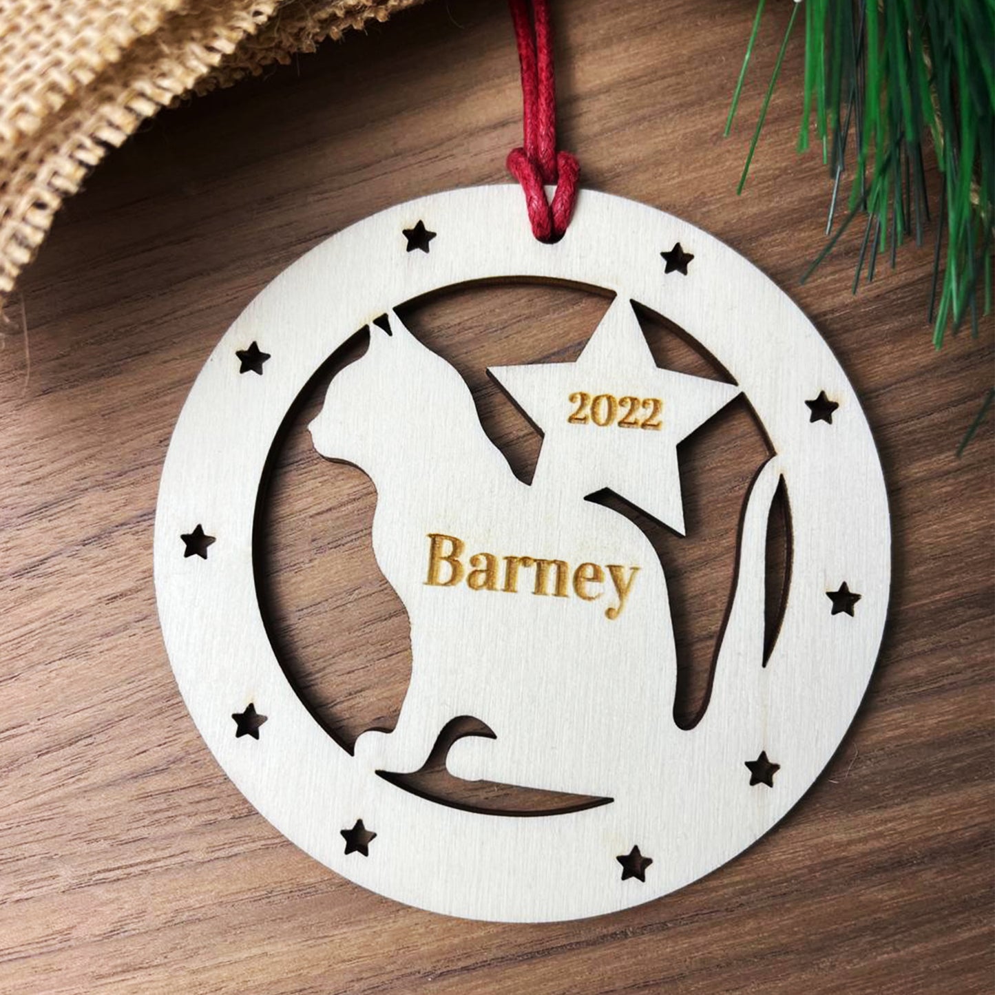 Personalised Cat Bauble Engraved Wooden Tree Decoration Pet Cat