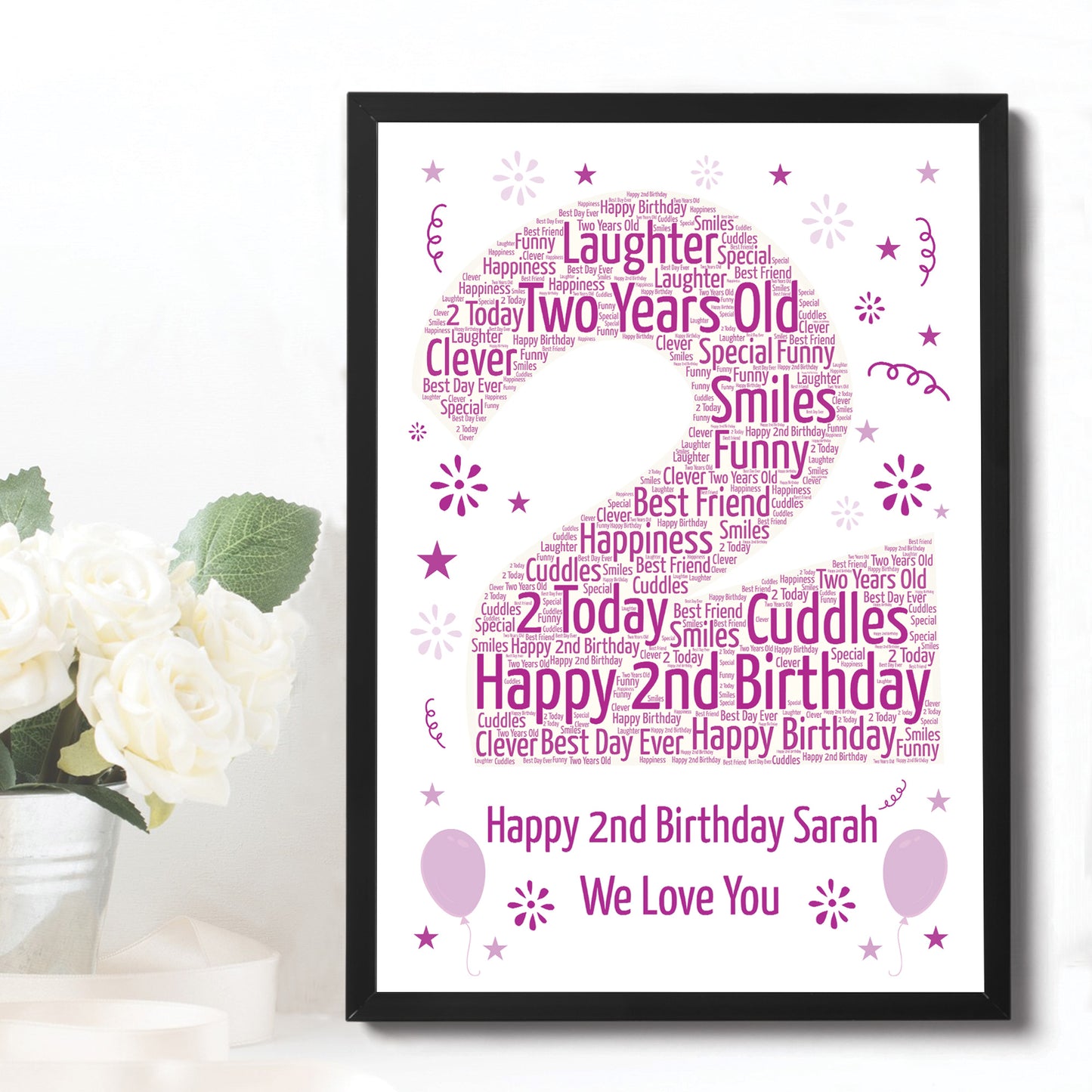 Personalised 2nd Birthday Gift Framed Word Art Print Baby Girl