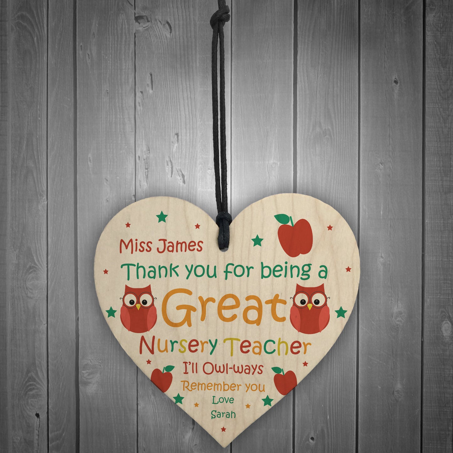 Thank You NURSERY Teacher Gift Heart Hanging Sign Personalised