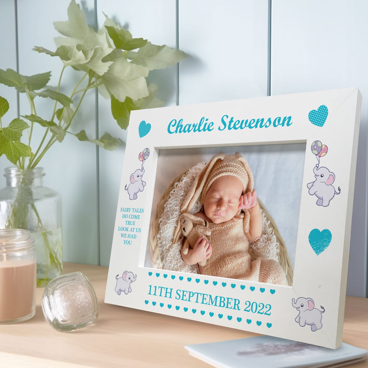 Personalised Baby Boy Photo Frame With Birth Details Elephant