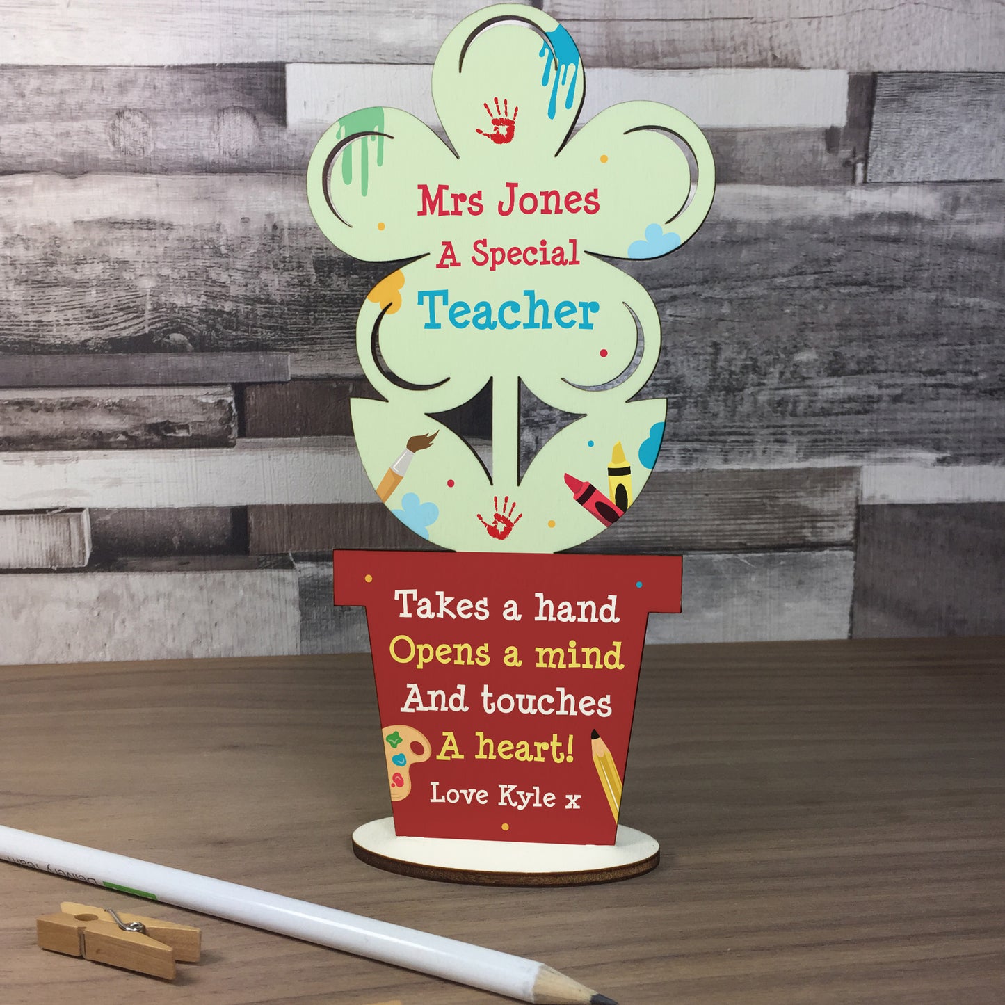 Personalised Best Teacher Gift Thank You Wooden Flower Leaving