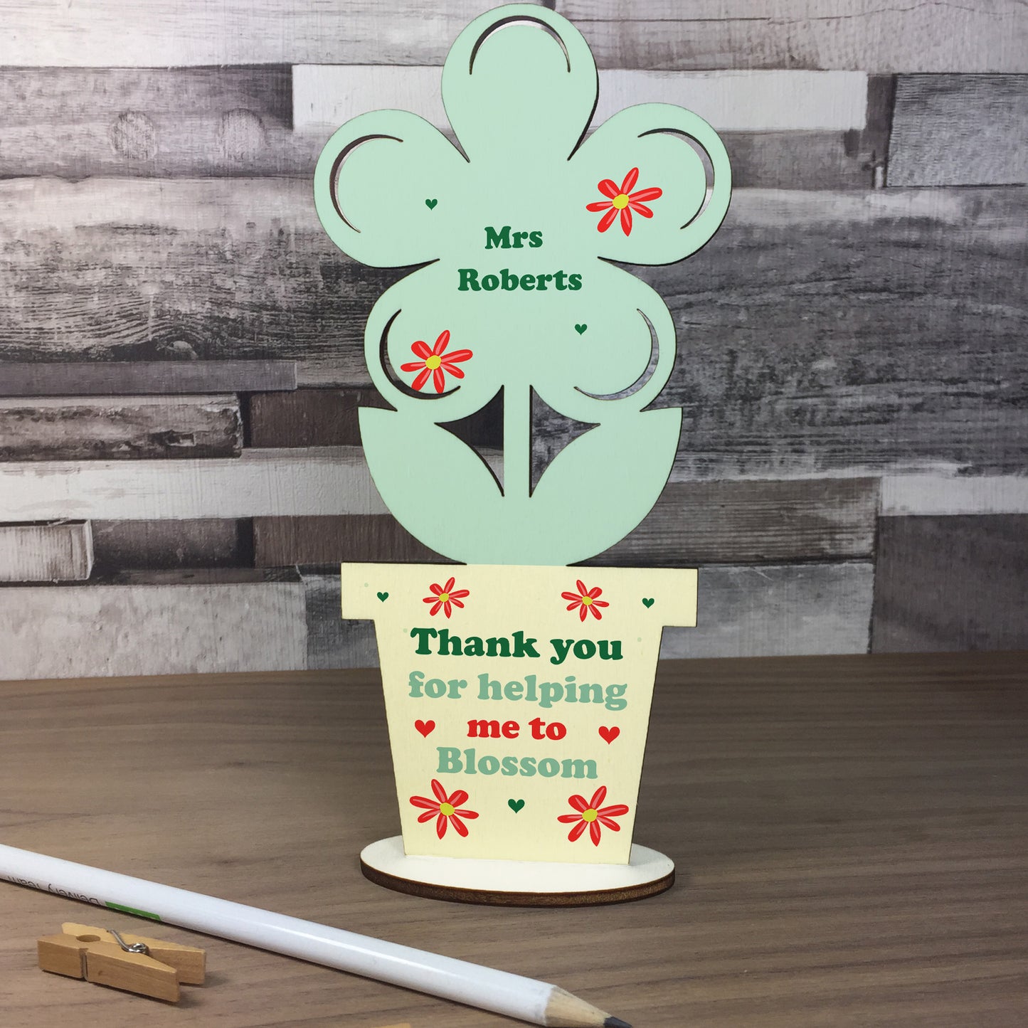 Thank You Gift Plaque For Teacher Wood Flower PERSONALISED