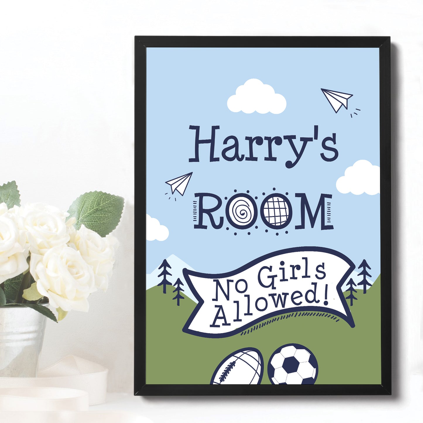 Boys Personalised Bedroom Sign Football Wall Art Framed Print