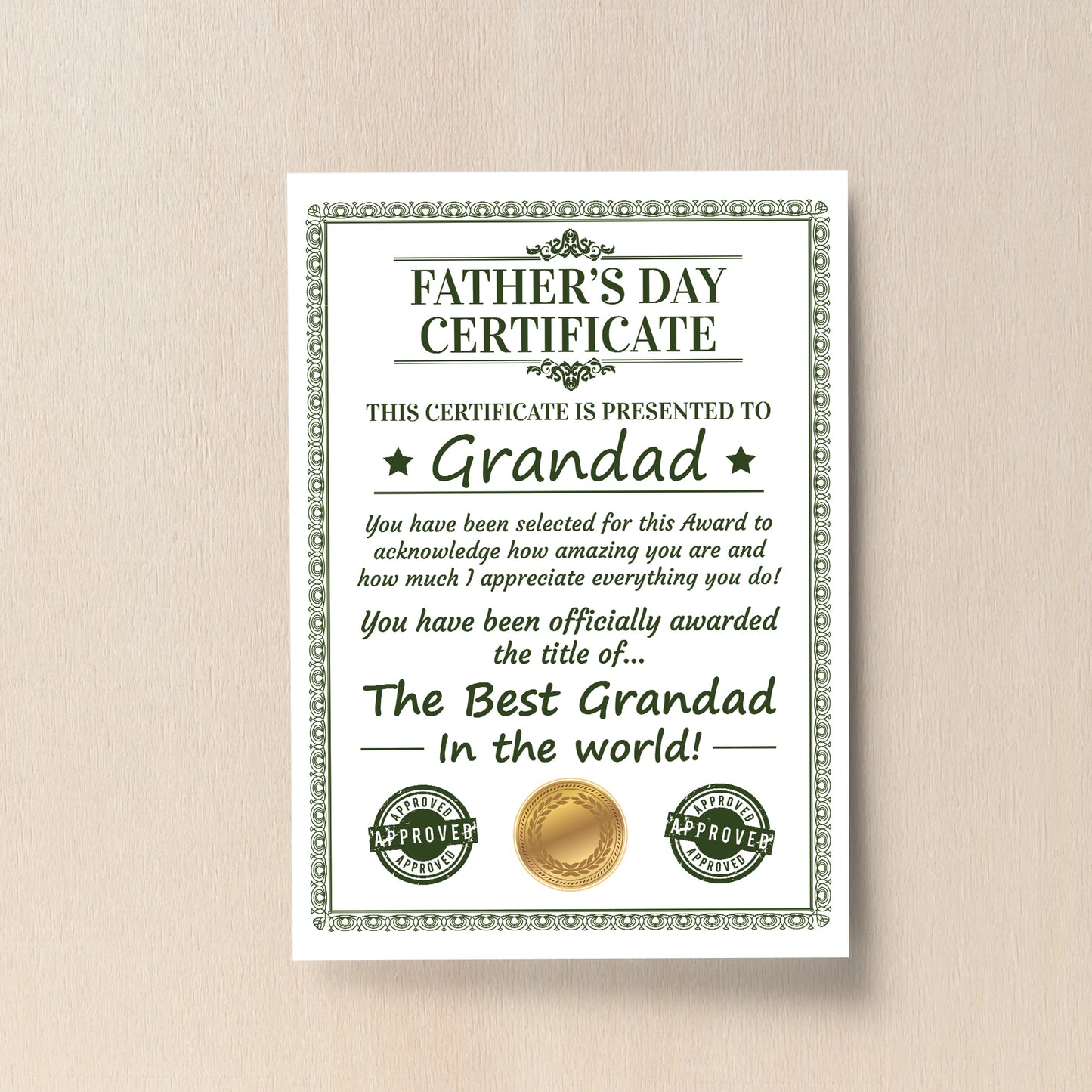 Grandad Certificate For Fathers Day Gift For Grandad Grandparent