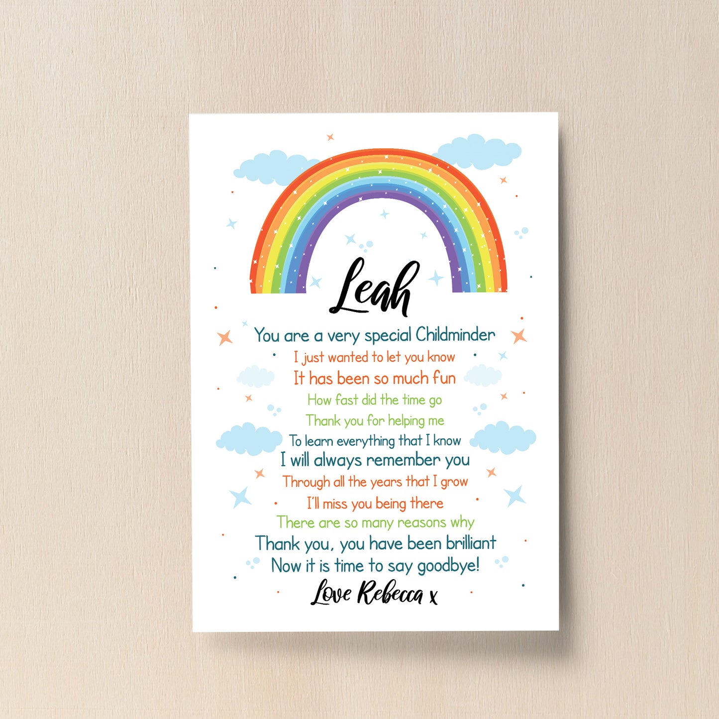 Personalised Rainbow Childminder Gift Print Thank You Teacher