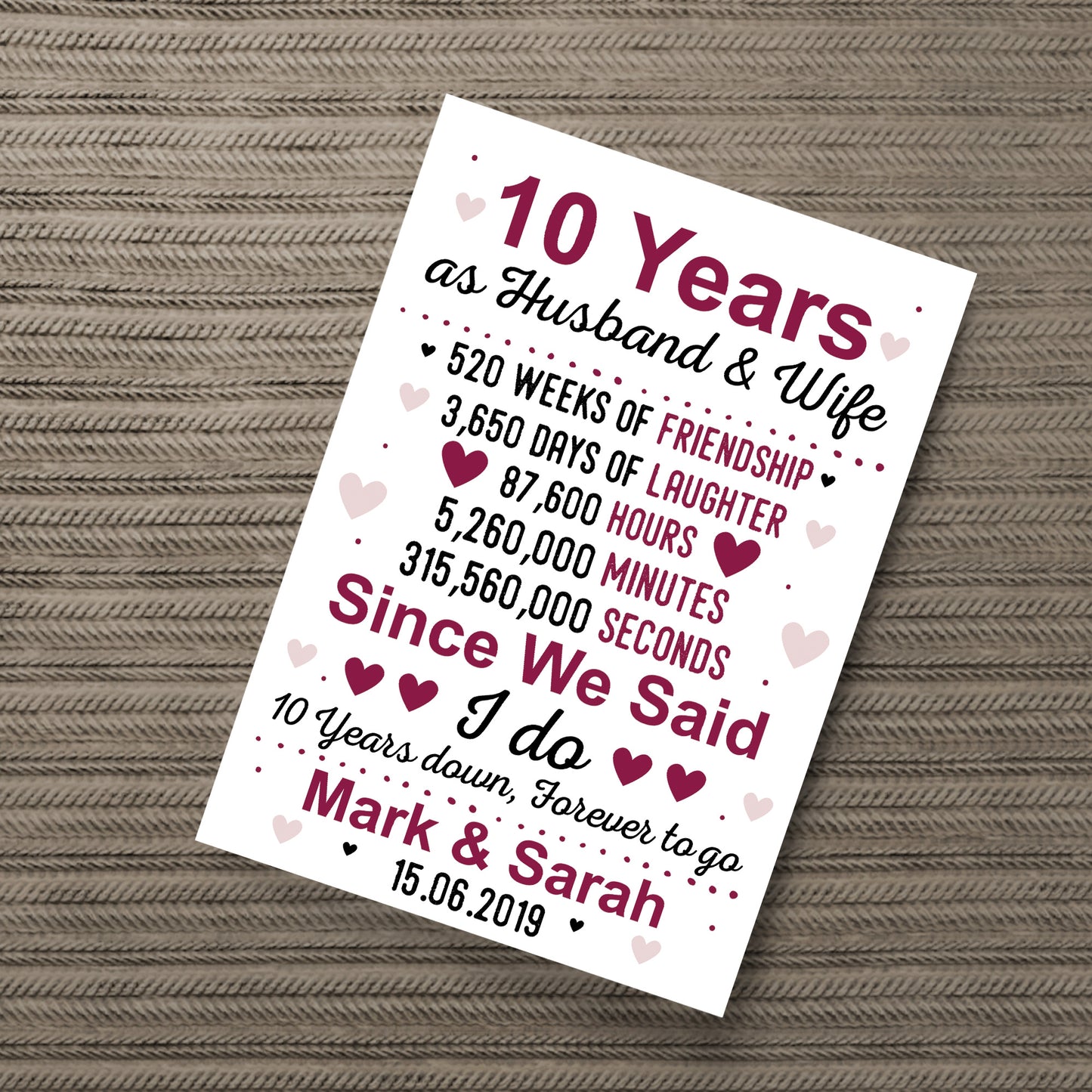 10th Wedding Anniversary Gift Wife Husband Personalised