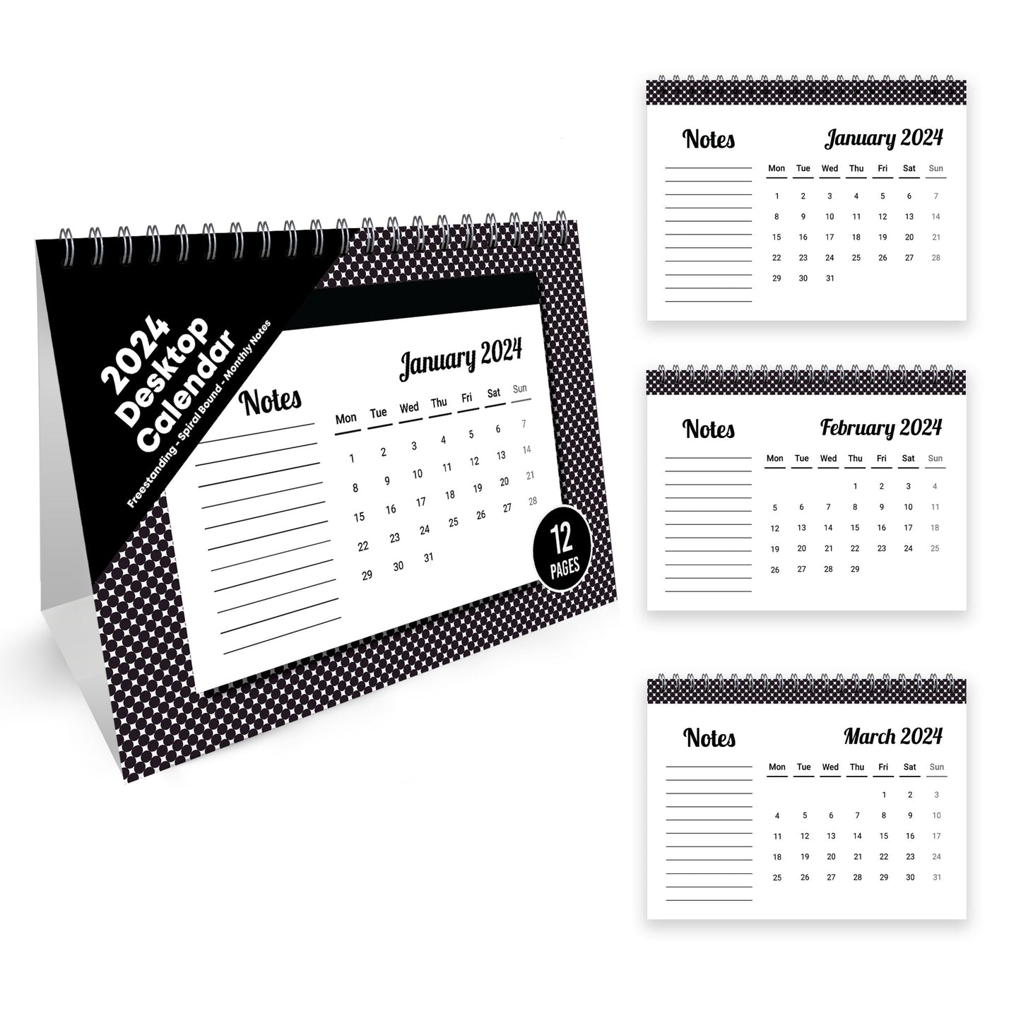 2024 Office Desk Calendar Spiral Bound Flipbook Table Top