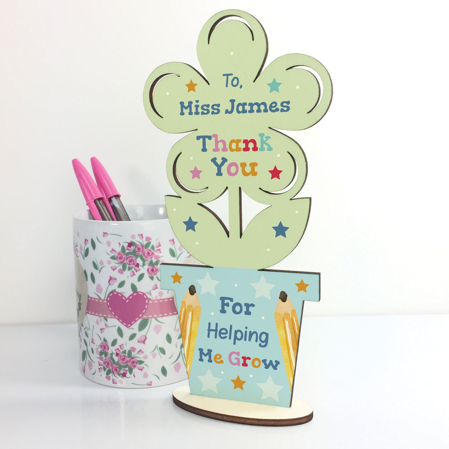 Personalised Teacher Gift Wood Flower School Nursery Pre School