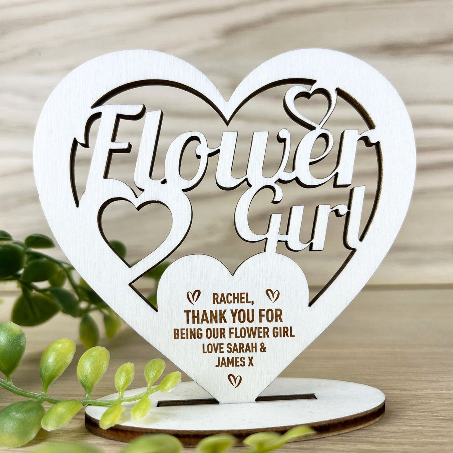 Personalised Flower Girl Thank You Gift Wood Standing Heart