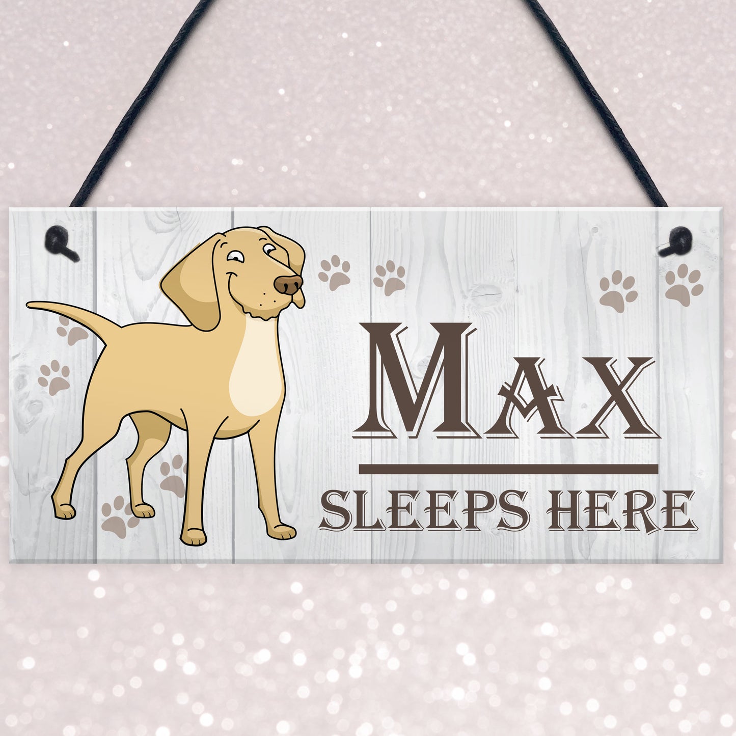 Personalised Dogs Name Sleeps Here Hanging Kennal Bed Sign Gift