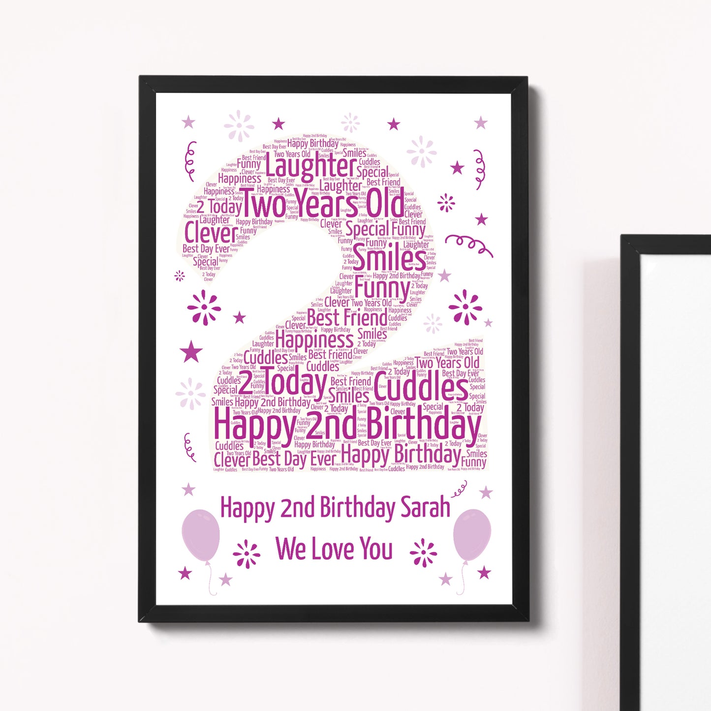 Personalised 2nd Birthday Gift Framed Word Art Print Baby Girl