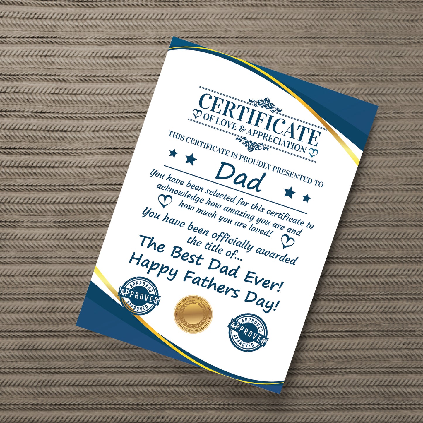 Fathers Day Gift For Dad CERTIFICATE Best Dad Thank You