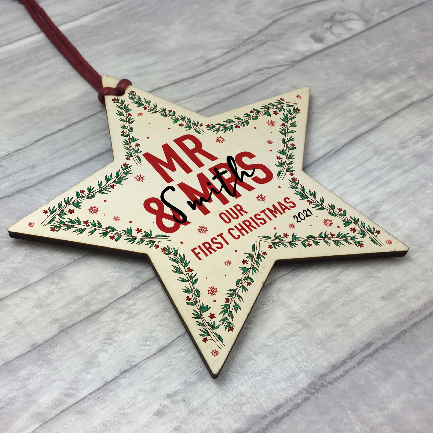 1st Christmas As Mr And Mrs Personalised Wood Star Tree Decor